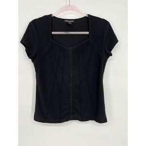 Susan Lawrence Petite Top Square‎ Neck Career Wear Black PL Front Lace Up